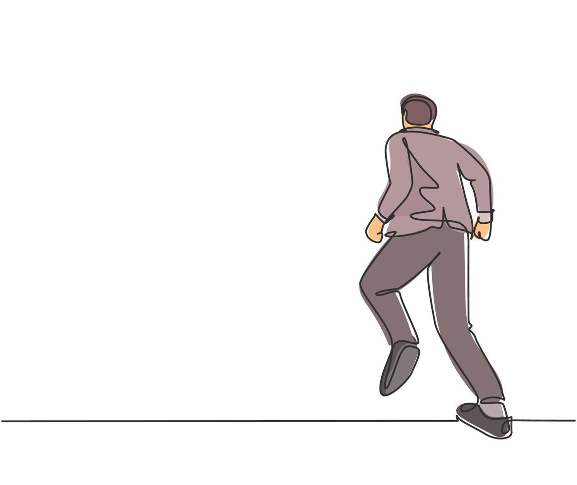 One continuous single line drawing of young energetic male manger doing jogging run exercise to go to the office, from rear view. Business race concept single line draw design vector illustration