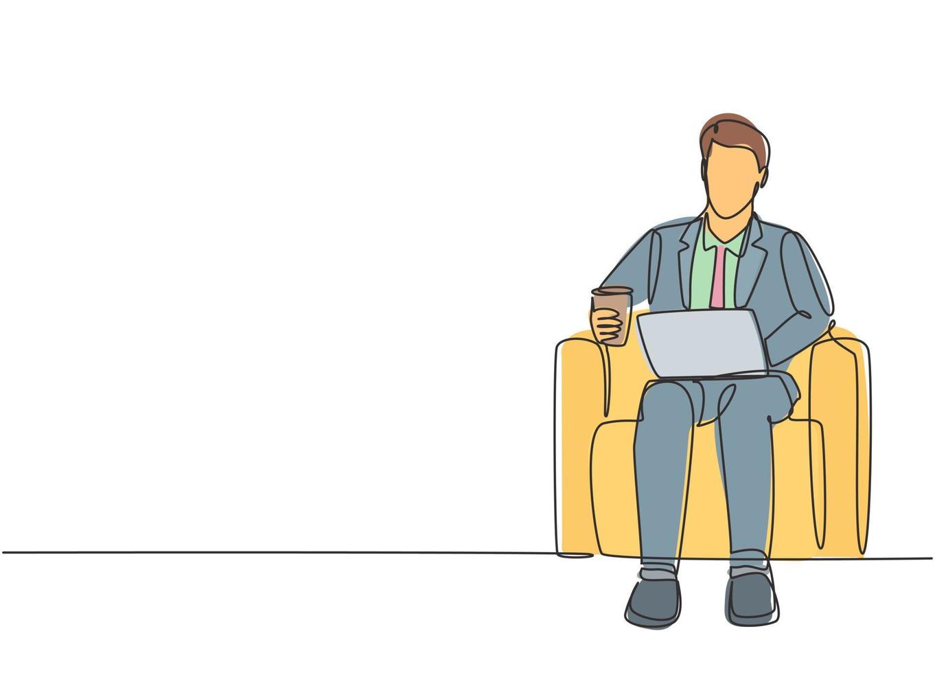 un dibujo de una sola línea de un joven empresario escribiendo un borrador de ideas de negocios en una computadora portátil mientras está sentado en una silla de oficina. Beber té concepto línea continua dibujar diseño gráfico vectorial ilustración vector