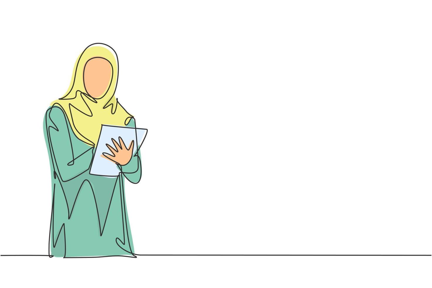 un dibujo de línea continua de una joven empresaria musulmana analizando el progreso comercial de la empresa desde la pantalla de la tableta. ropa islámica hijab y velo. Ilustración de vector de diseño de dibujo de una sola línea