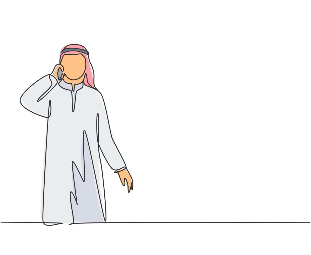 Single continuous line drawing of young male muslim businessman calling his business partner with smarphone. Arab middle east cloth shmagh, kandura, thawb. One line draw design vector illustration