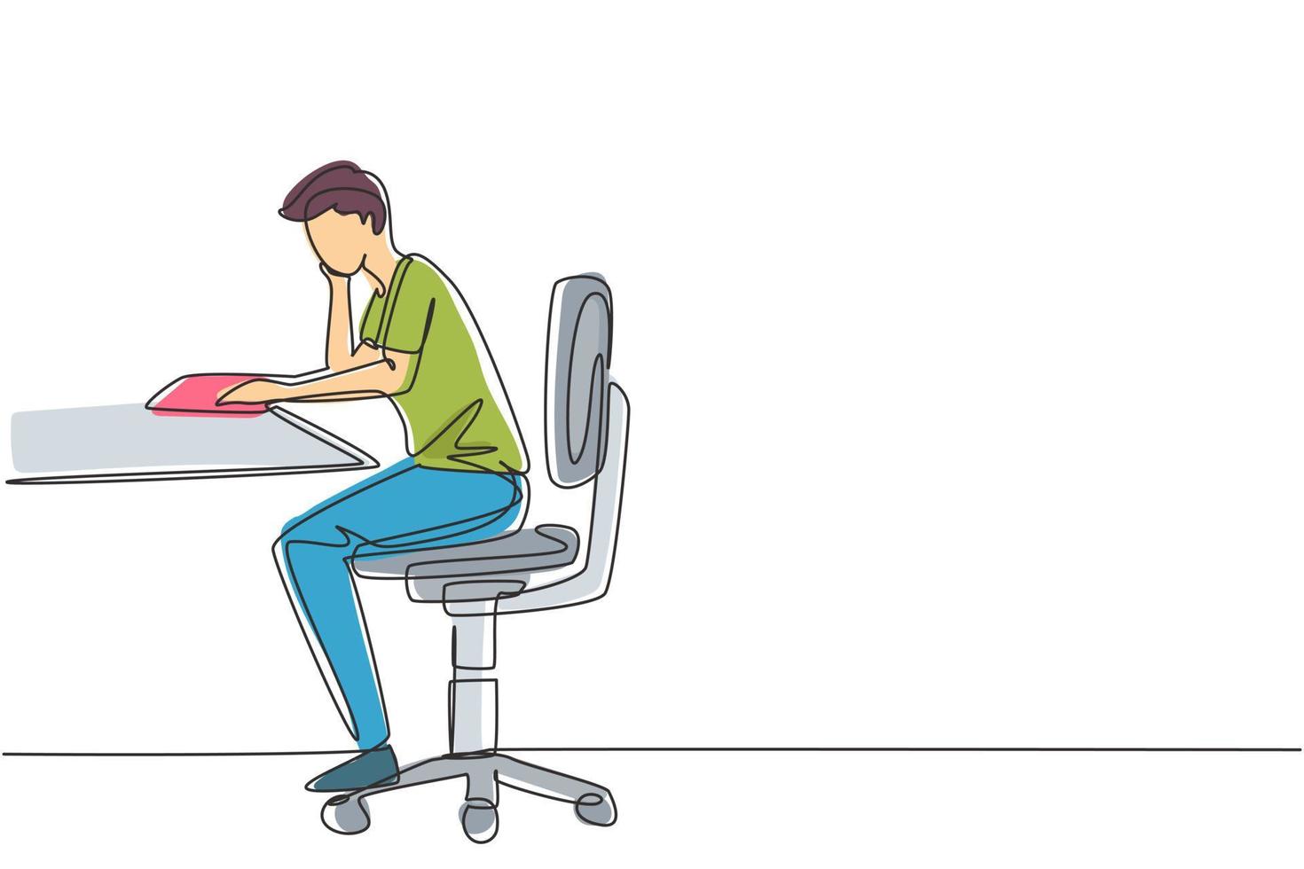 Continuous one line drawing young man reading, learning and sitting on chair around table. Study in library. Intelligent student, education concept. Single line draw design vector graphic illustration