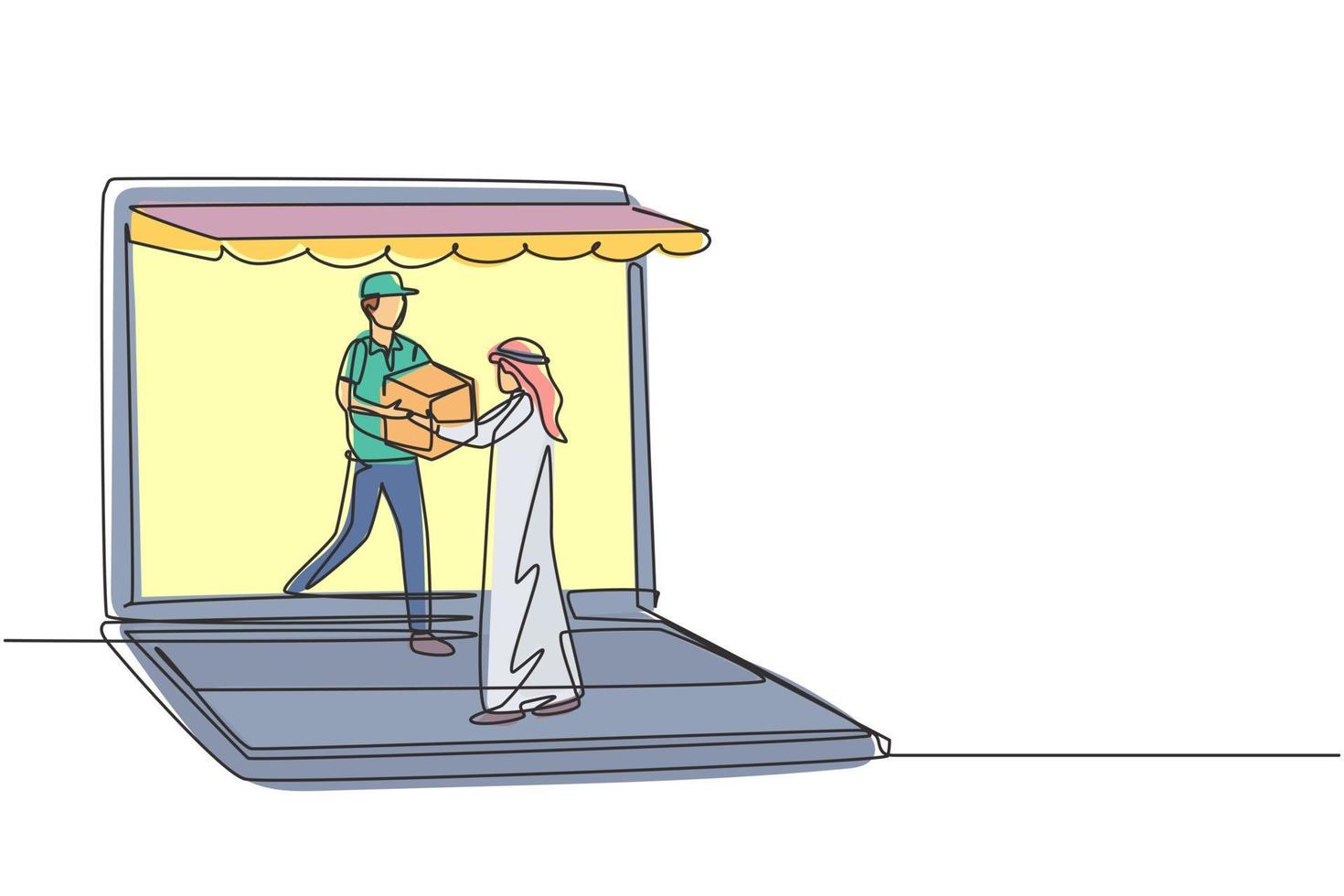 Single one line drawing courier comes out of giant laptop screen with canopy and gives package box to Arabic male customer. Online delivery. Continuous line draw design graphic vector illustration