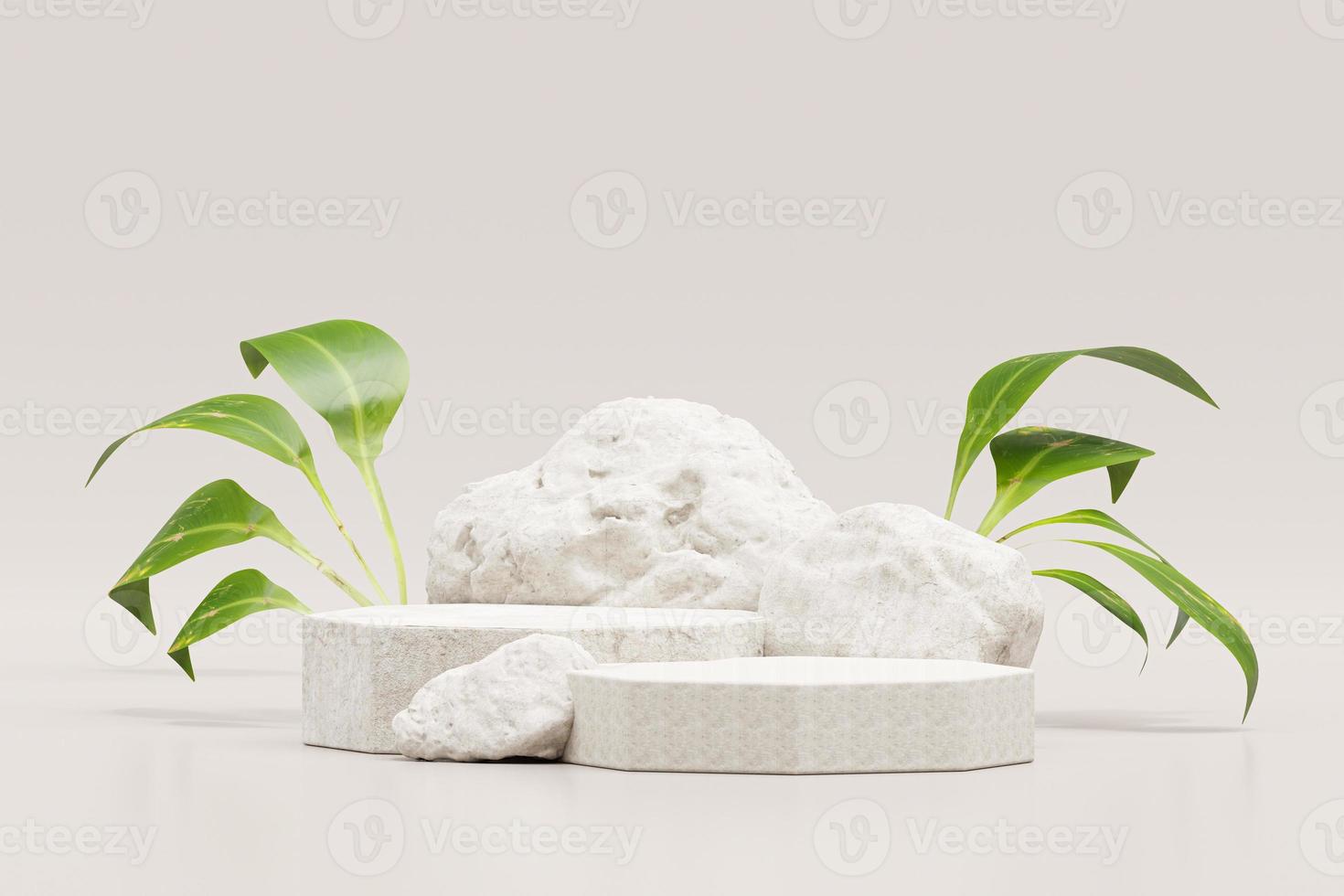 Rock or Stone podium with plant nature pedestal stage product display background 3D illustration empty display showroom presentation for product placement photo