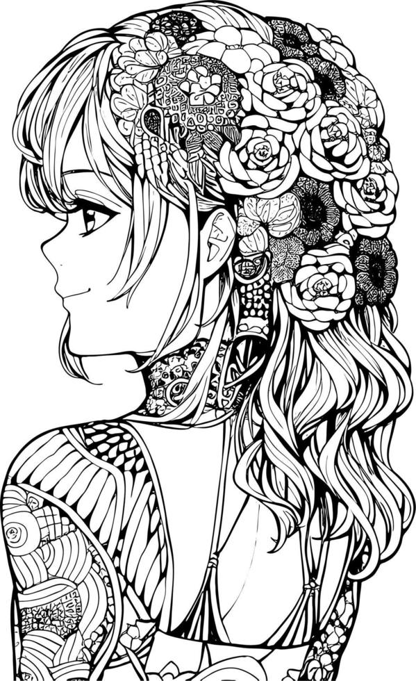 A beautiful girl, featuring decorations and costumes, doodle, coloring book. Vector illustration