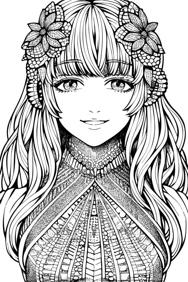 A beautiful girl, featuring decorations and costumes, doodle, coloring book. Vector illustration