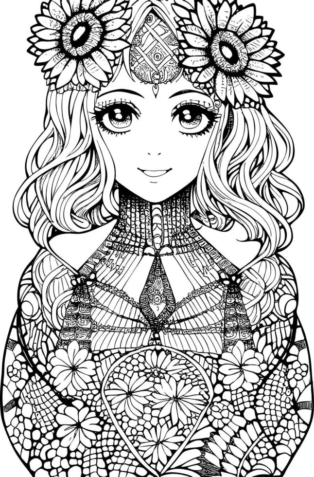 A beautiful girl, featuring decorations and costumes, doodle, coloring book. Vector illustration