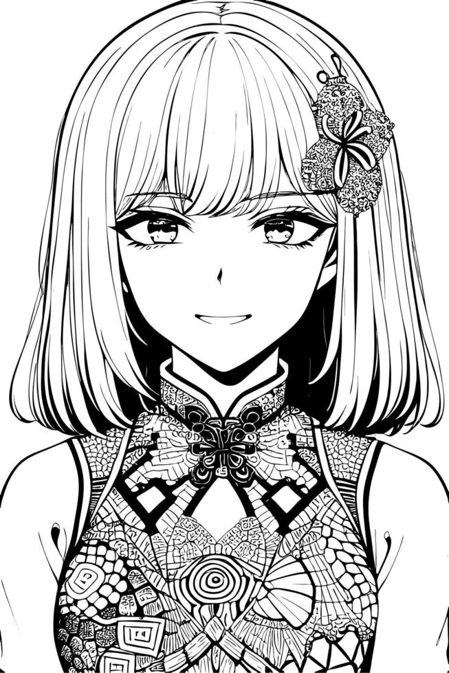 A beautiful girl, featuring decorations and costumes, doodle, coloring book. Vector illustration