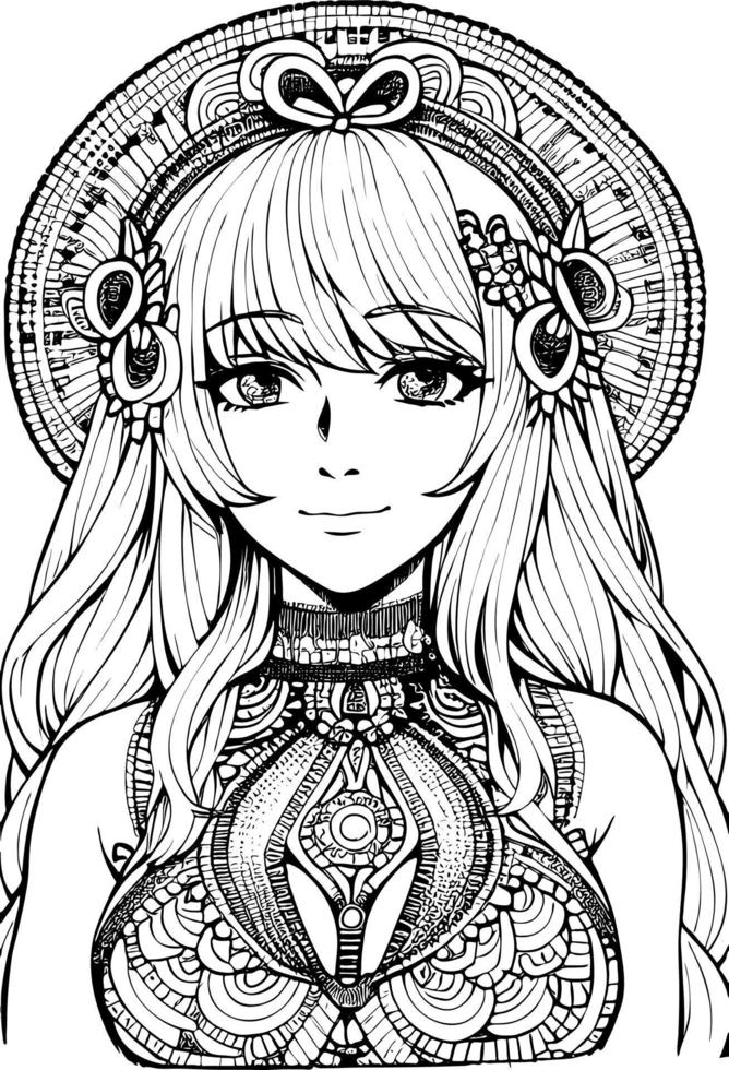 A beautiful girl, featuring decorations and costumes, doodle, coloring book. Vector illustration