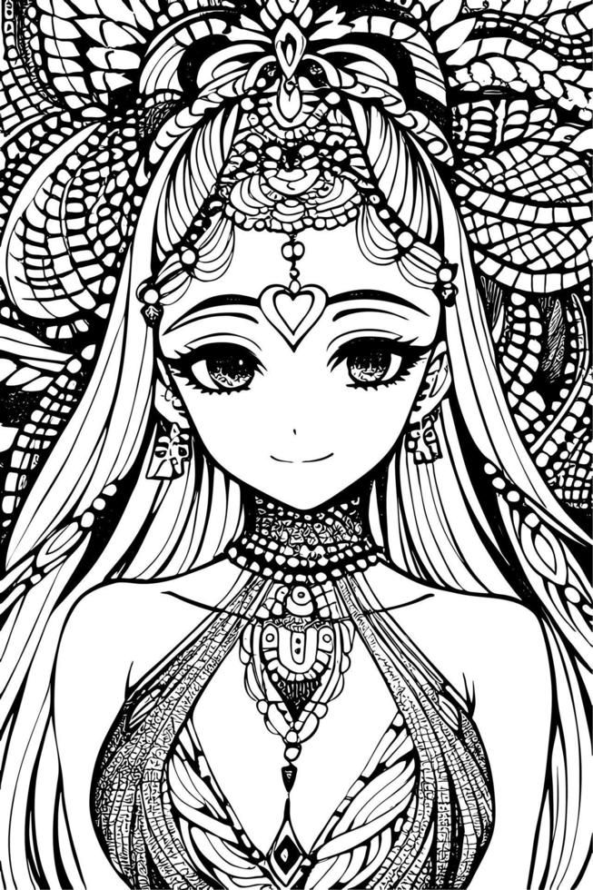 A beautiful girl, featuring decorations and costumes, doodle, coloring book. Vector illustration