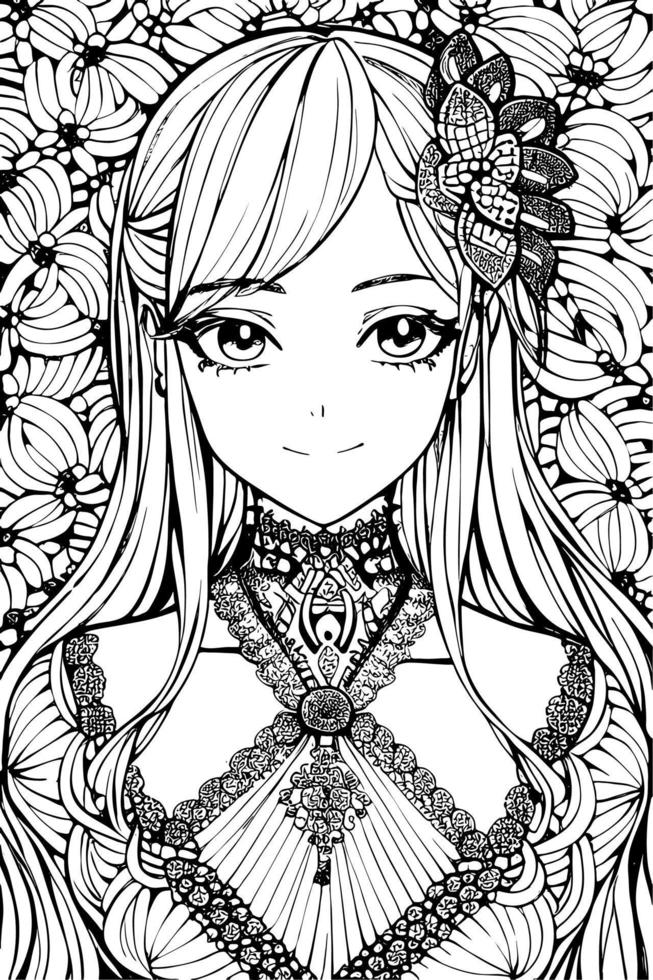 A beautiful girl, featuring decorations and costumes, doodle, coloring book. Vector illustration