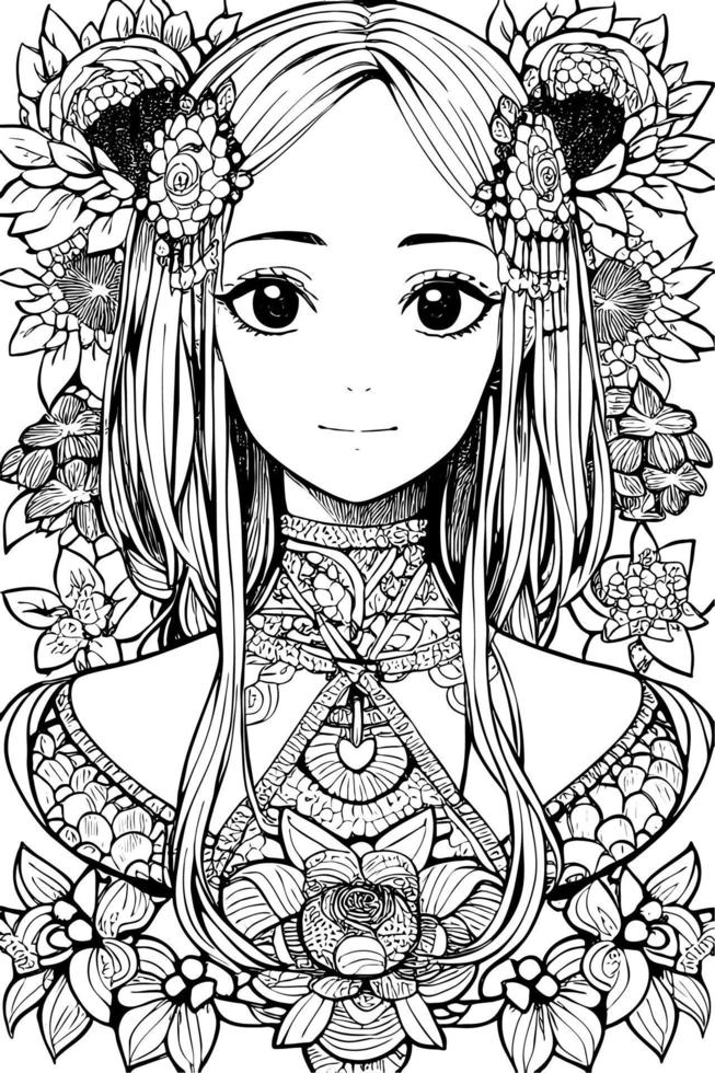A beautiful girl, featuring decorations and costumes, doodle, coloring book. Vector illustration