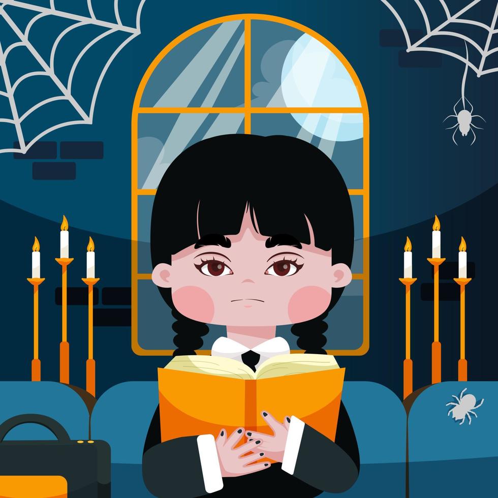 Cute Gothic Girl Reading Book in Spooky Room vector