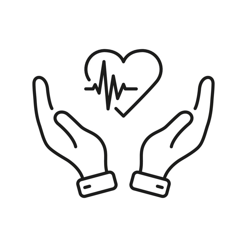 Cardiogram, Heart Beat Rate Care Outline Symbol. Heart Treatment and Emotional Support Linear Pictogram. Heartbeat with Human Hand Line Icon. Editable Stroke. Isolated Vector Illustration.