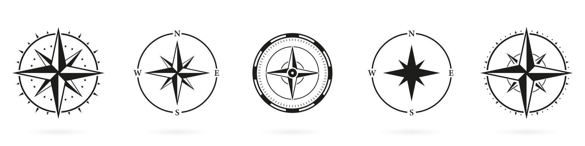 Compass Silhouette Icon Set on White Background. Rose Wind Glyph Pictogram. Navigational Direction to North, South, West, East Symbol. Navigation Equipment Solid Sign. Isolated Vector Illustration.