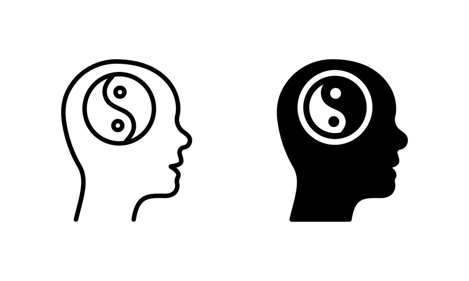 Yin Yang in Man Head Silhouette and Line Icon Set. Yinyang in Human Brain Pictogram. Harmony, Unity, Balance Symbol. Asian Culture Spiritual Sign. Editable Stroke. Isolated Vector Illustration.