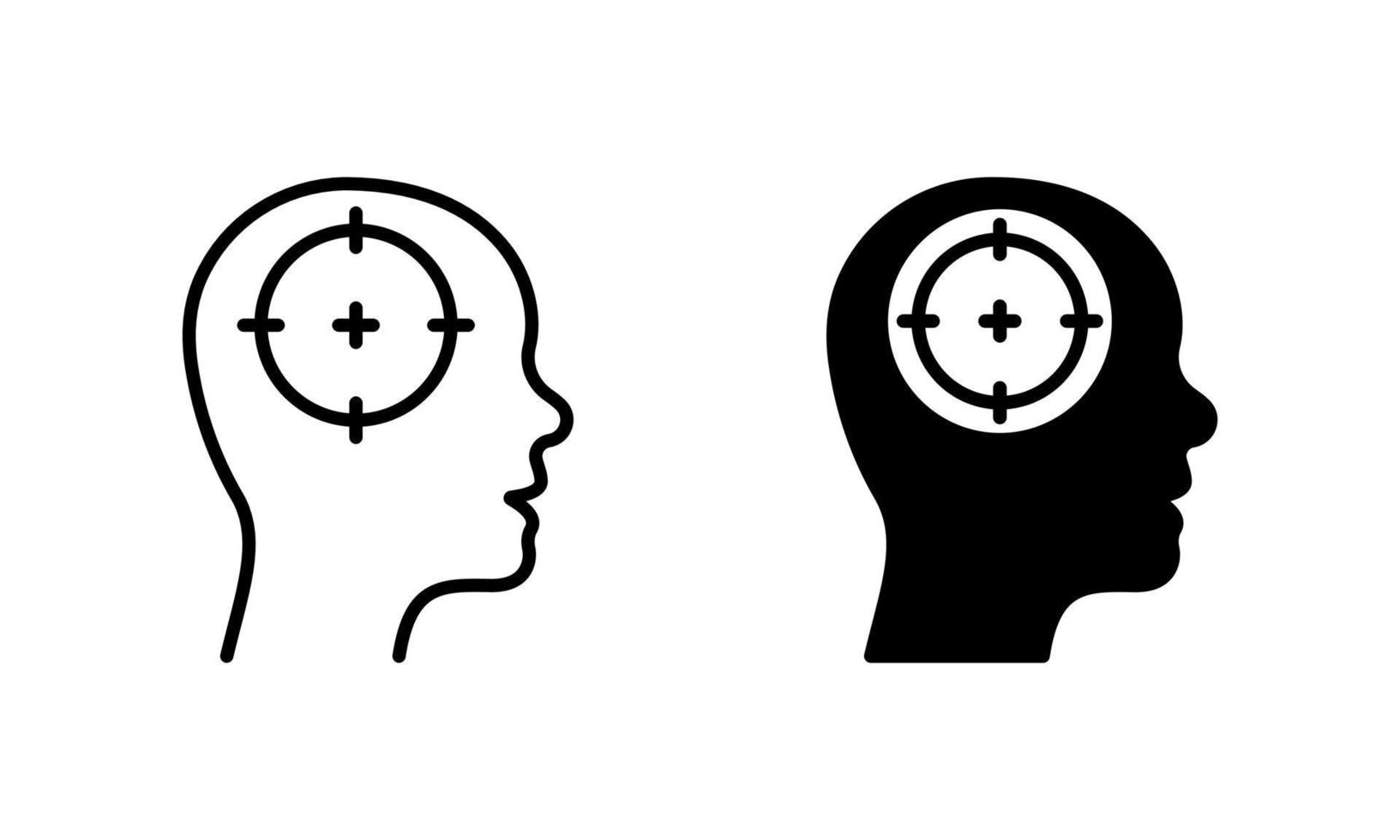 Human Head Target Silhouette and Line Icon Set. Sociology Marketing, Focus Goal on Customer Mind Pictogram. Aim Destination Icon. Cognitive Knowledge. Editable Stroke. Isolated Vector Illustration.