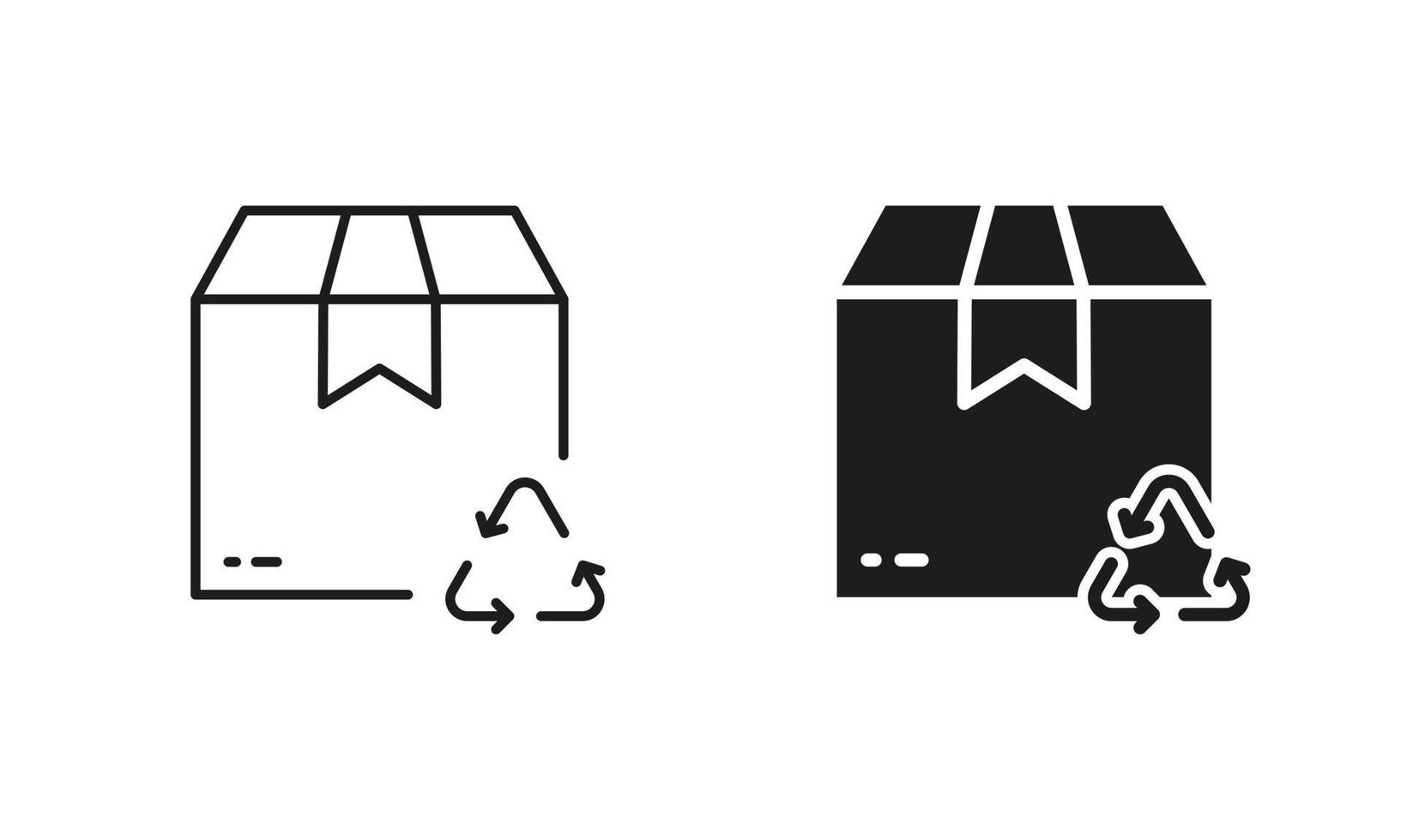 Recycle Box Package Silhouette and Line Icon Set. Reusable Organic Cardboard Parcel. Triangle Arrow, Recycling Ecological Sustainable Pack Symbol. Editable Stroke. Isolated Vector Illustration.