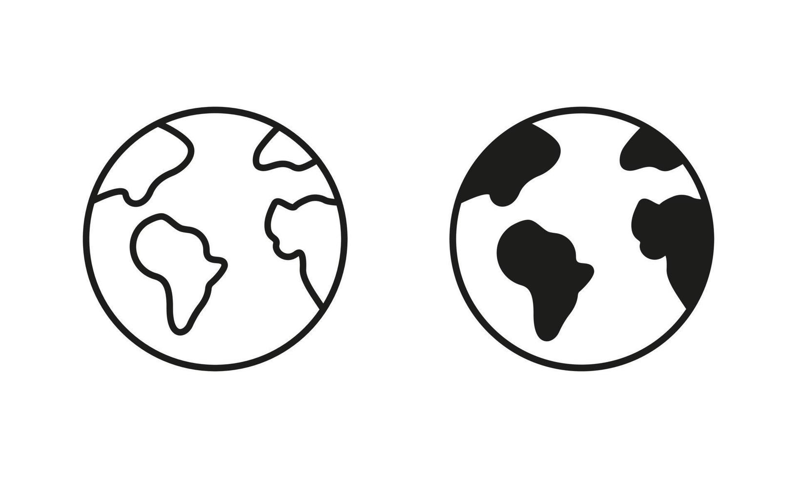 Globe Earth Silhouette and Line Icon Set. Global Planet Sphere Map Pictogram. Round World Continent Europe Africa America Australia Asia Sign. Editable Stroke. Isolated Vector Illustration.