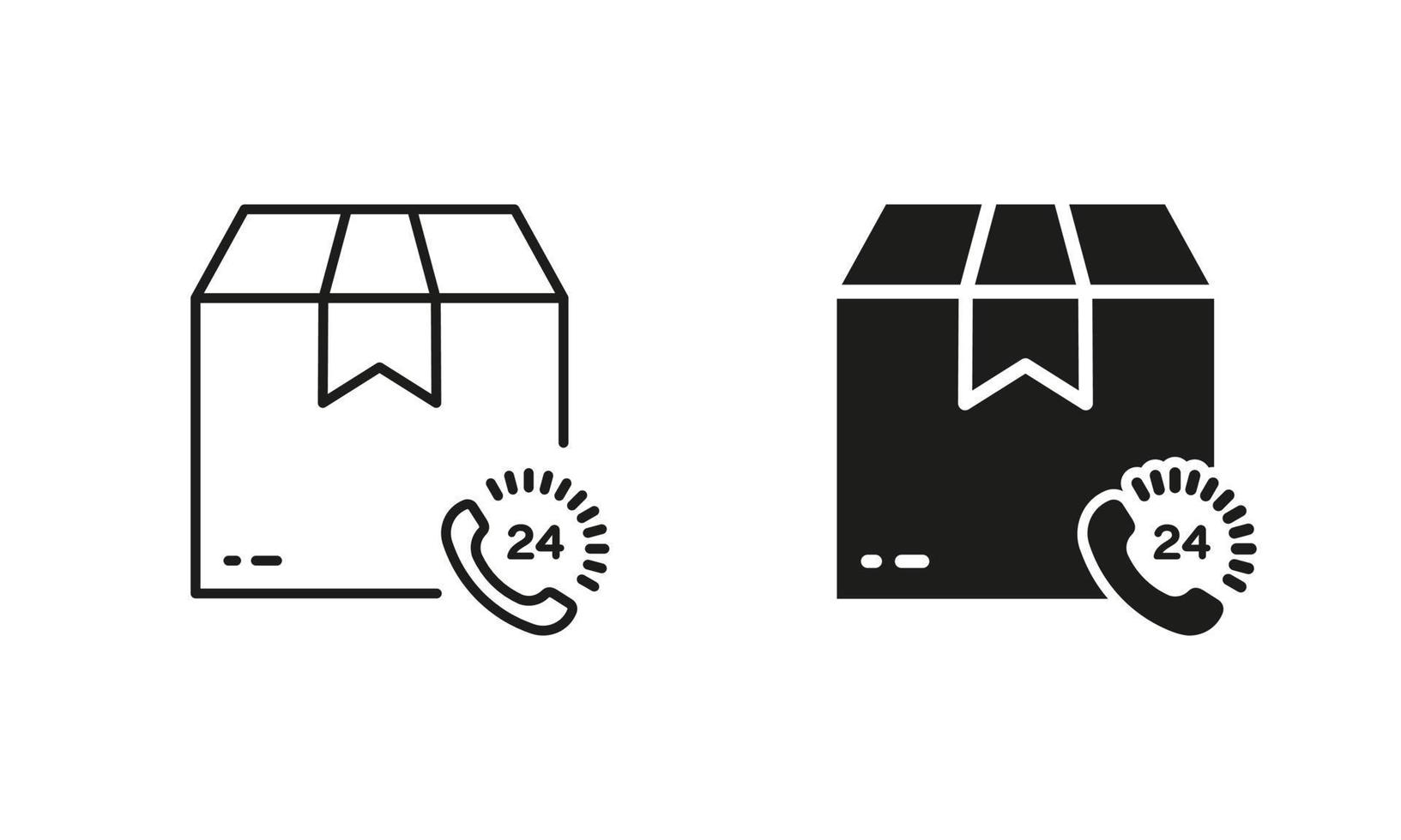 Shipping Parcel Box Around the Clock Silhouette and Line Icon Set. Fast Delivery Service 24 Hours 7 Days Pictogram. Transportation Order 24-7 Sign. Editable Stroke. Isolated Vector Illustration.