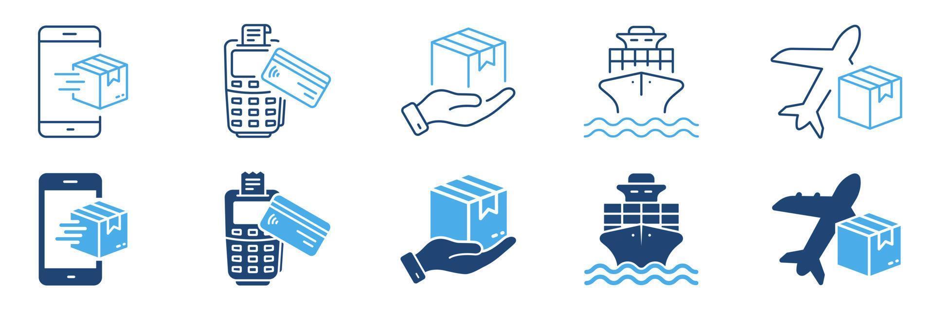 Order Package Cargo Shipment Silhouette and Line Icon Set. Shipping Transportation Cardboard Parcel Box Pictogram. Fast Delivery Service by Air, Ship Post Icon. Isolated Vector Illustration.