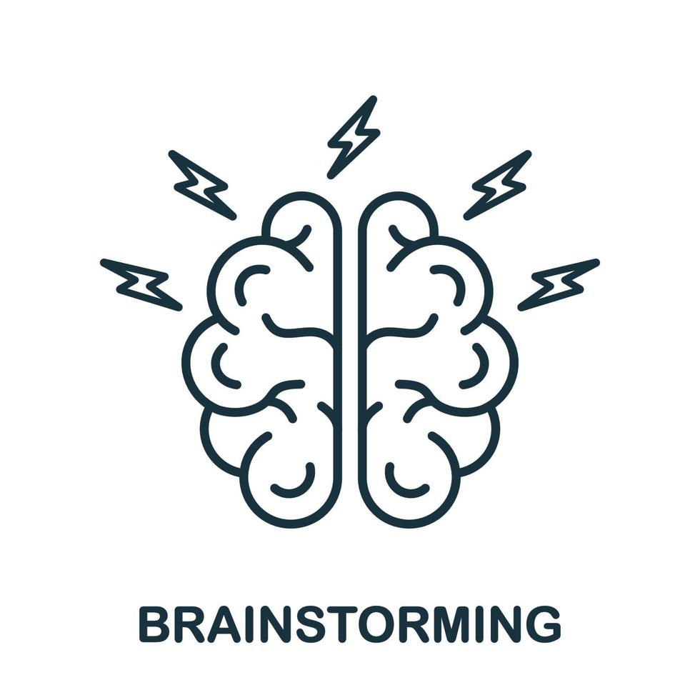 Brainstorm Line Icon. Human Brain with Lightning Linear Pictogram. Think about Creative Idea Outline Sign. Brainstorming, Intellectual Process Symbol. Editable Stroke. Isolated Vector Illustration.