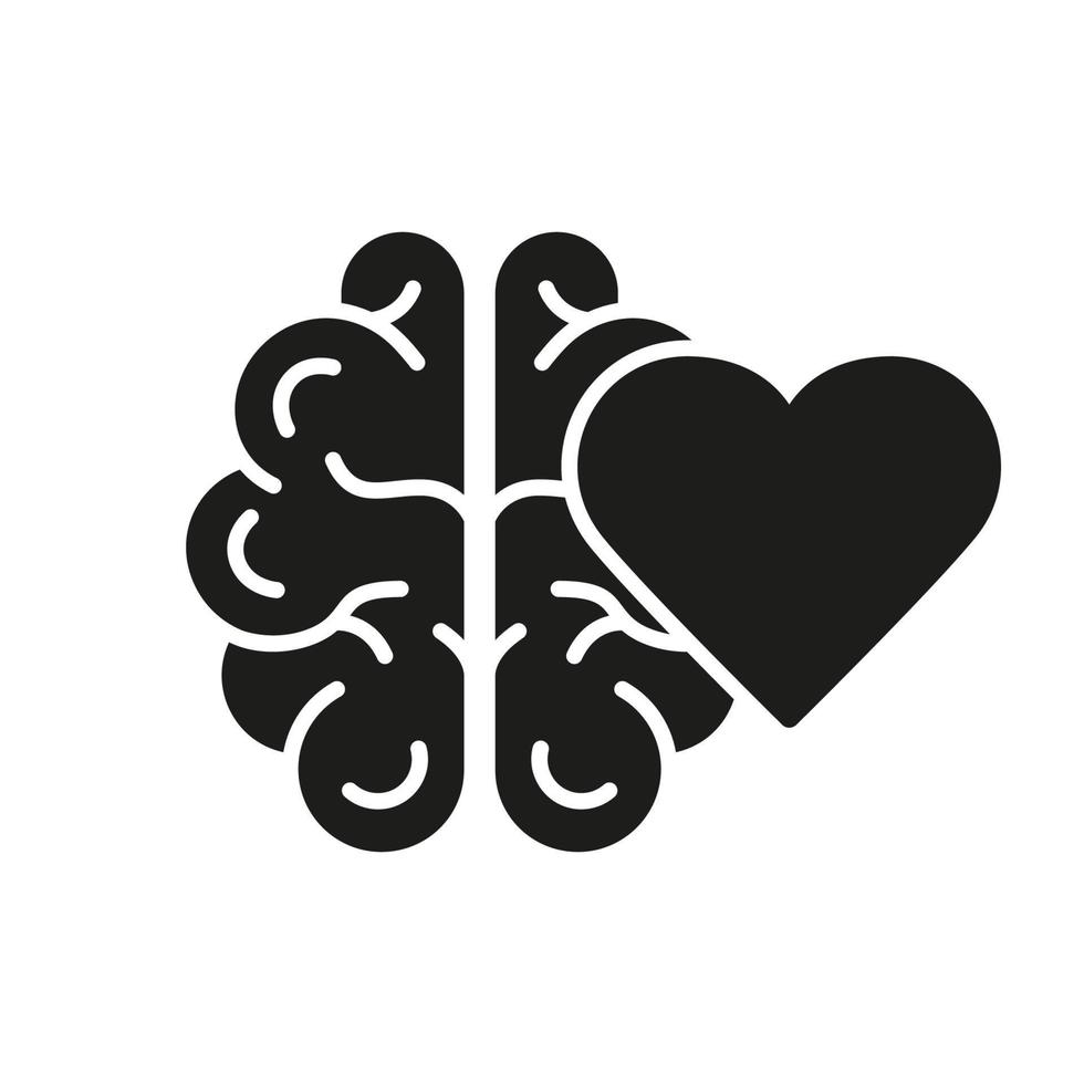 Human Brain and Heart Silhouette Icon. Healthy Rational Balance Between Heart Love and Brain Icon. Mental Emotional Health Glyph Pictogram. Isolated Vector Illustration.