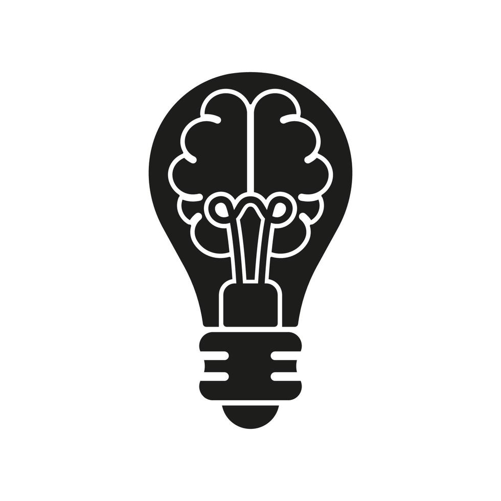 Human Brain and Lightbulb Creative Idea Silhouette Line Icon. Innovation Sign. Light Bulb Inspiration, Knowledge, Smart Solution Glyph Symbol. Isolated Vector Illustration.