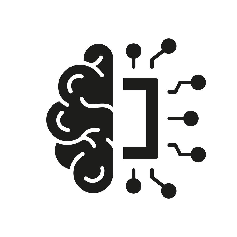 Human Brain and Network Chip Technology Pictogram. AI Innovation Concept Silhouette Icon. Artificial Intelligence Neuroscience Glyph Icon. Isolated Vector Illustration.