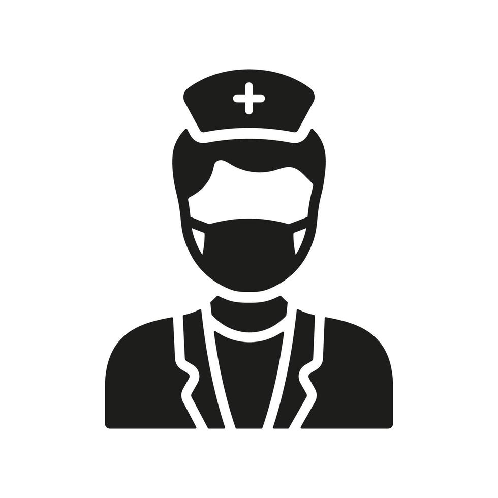 clínica personal en cara máscara silueta icono. médico hombre a trabajo glifo pictograma. pediatra, dental cirujano, ortodoncista signo. profesional médico símbolo. dental doctor. aislado vector ilustración.