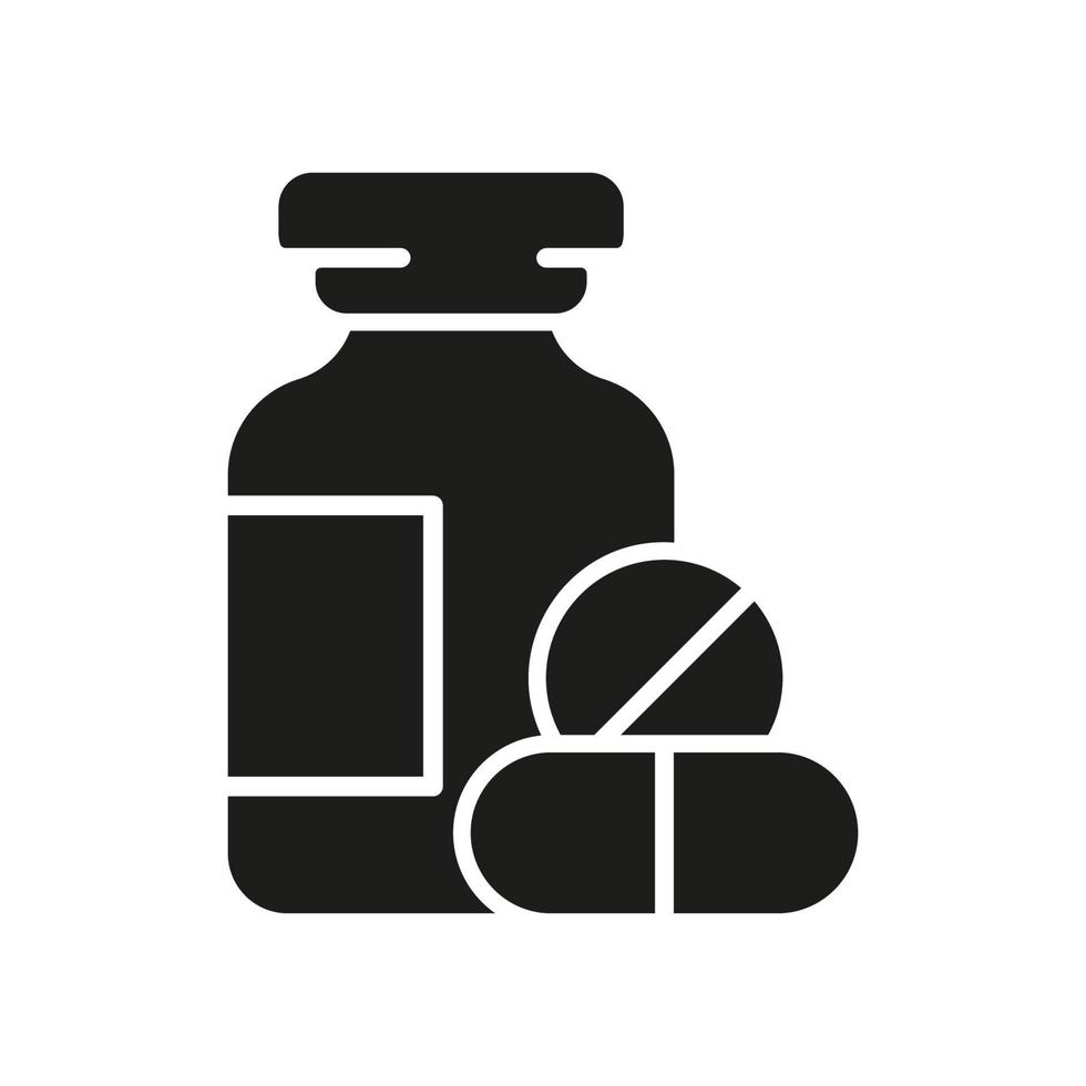 Medication Silhouette Icon. Antibiotic, Painkiller, Aspirin, Vitamin Tablet Glyph Pictogram. Pharmaceutical Medicament Sign. Pills with Bottle Icon. Pharmacy Symbol. Isolated Vector Illustration.