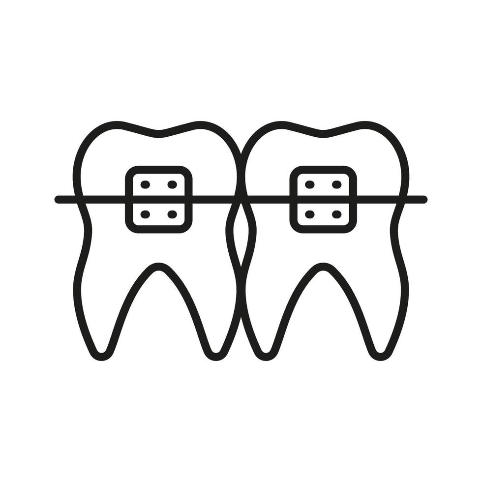Braces Teeth Line Icon. Orthodontics Brace, Tooth Care and Medical Jaw Correction Linear Pictogram. Dentistry Outline Symbol. Dental Treatment Sign. Editable Stroke. Isolated Vector Illustration.