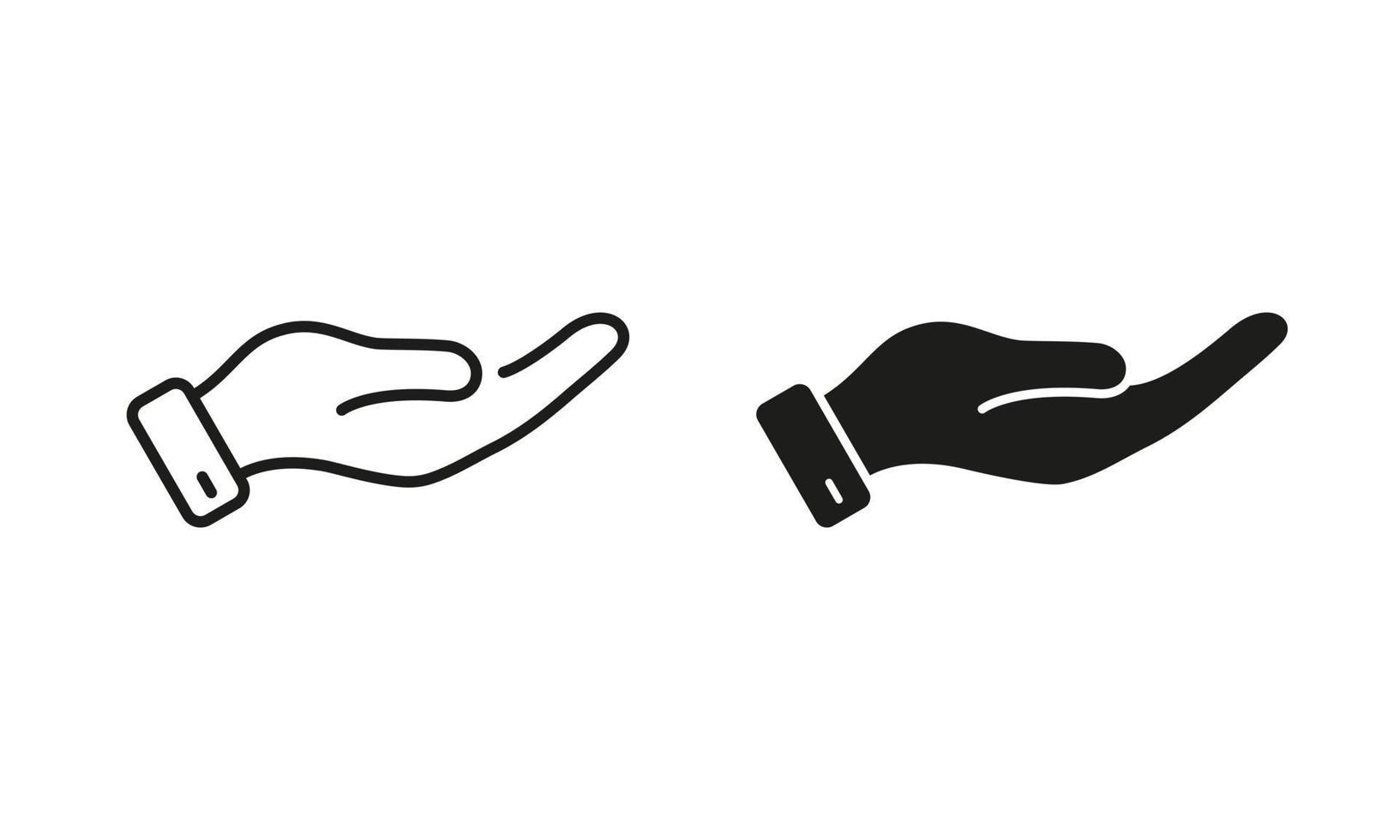 Hand Poor Person Silhouette and Line Icon Set. Poverty People Hold Palm Ask Beg Help Pictogram. Homeless Human Give Helpful Charity Money Sign. Editable Stroke. Isolated Vector Illustration.