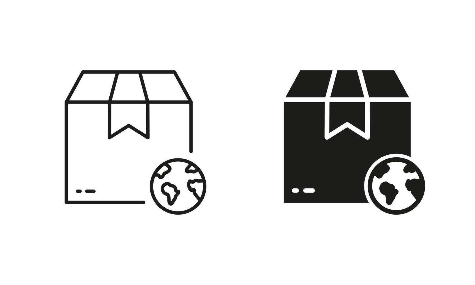 World Wide Delivery, Parcel Box and Globe Silhouette and Line Icon Set. International Shipping Industry Pictogram. Global Worldwide Import Export Retail. Editable Stroke. Isolated Vector Illustration.