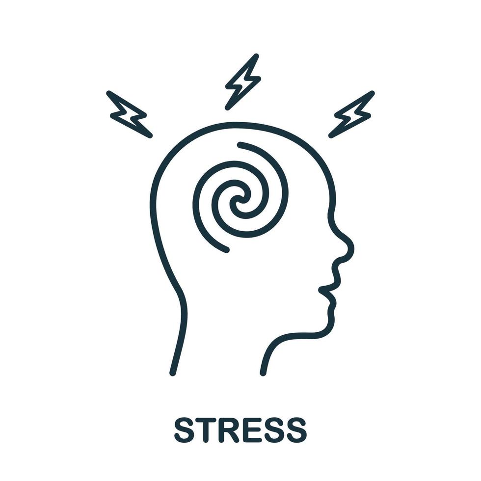 Stress, Headache, Anxiety Line Icon. Stressed Brain and Human Head with Lightning Linear Pictogram. Frustration Outline Sign. Person Depression Symbol. Editable Stroke. Isolated Vector Illustration.