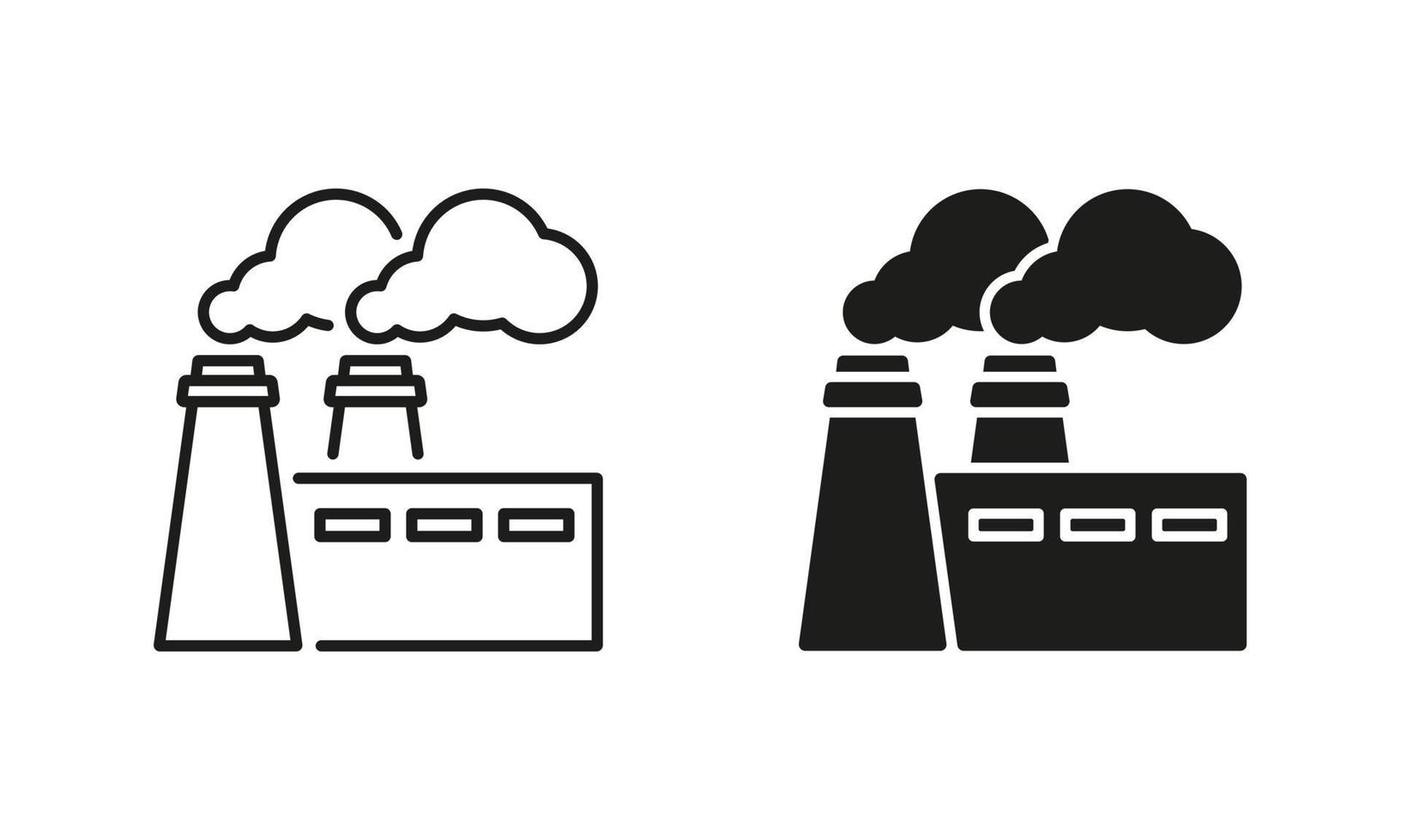 Power Station with Smoke Line and Silhouette Icon Set. Industrial Factory Pictogram. Plant Production Nuclear Pollution Symbol Collection on White Background. Isolated Vector Illustration.