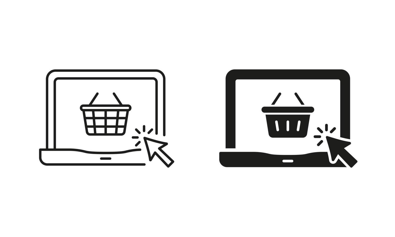Digital Market Service Shopping Box in Device Silhouette and Line Pictogram Set. Online Shop in Computer Icon. Laptop and Parcel Ecommerce Symbol. Editable Stroke. Isolated Vector Illustration.