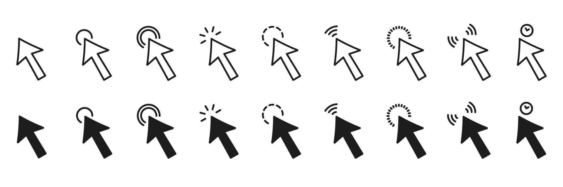 Mouse Pointer Line and Silhouette Icon Set. Computer Cursor Arrow Pictogram Collection. Digital Web Point for Website Sign. Push, Choose, Press Symbol. Editable Stroke. Isolated Vector Illustration.