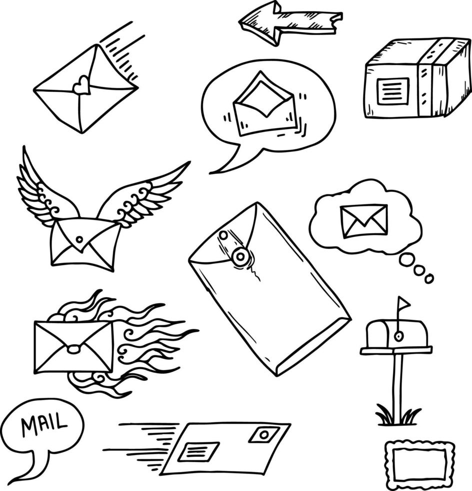 Hand drawn post mail illustration icon outline set vector