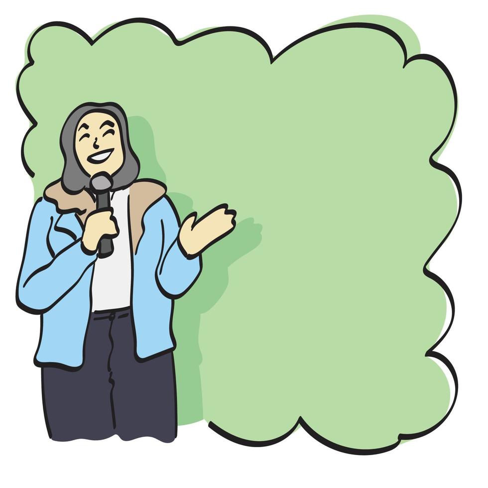 mujer Hablando mediante micrófono presentación verde blanco espacio ilustración vector mano dibujado aislado en blanco antecedentes línea Arte.