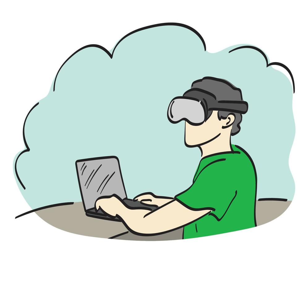 man with vr glasses using laptop computer illustration vector hand drawn isolated on white background line art.