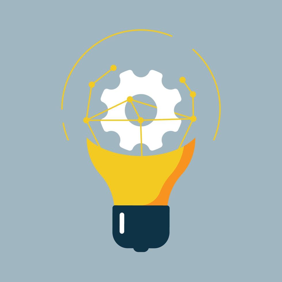 light bulb with gear, research, creativity, innovation, brainstorming concept illustration flat design vector icon, logo, infographic