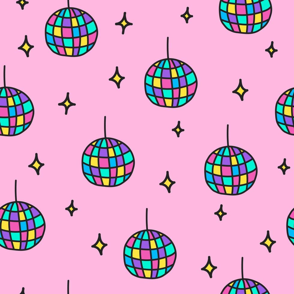 Seamless pattern in trendy 90s Y2K 2000s style. Hand drawn disco ball and stars on a pink background. vector