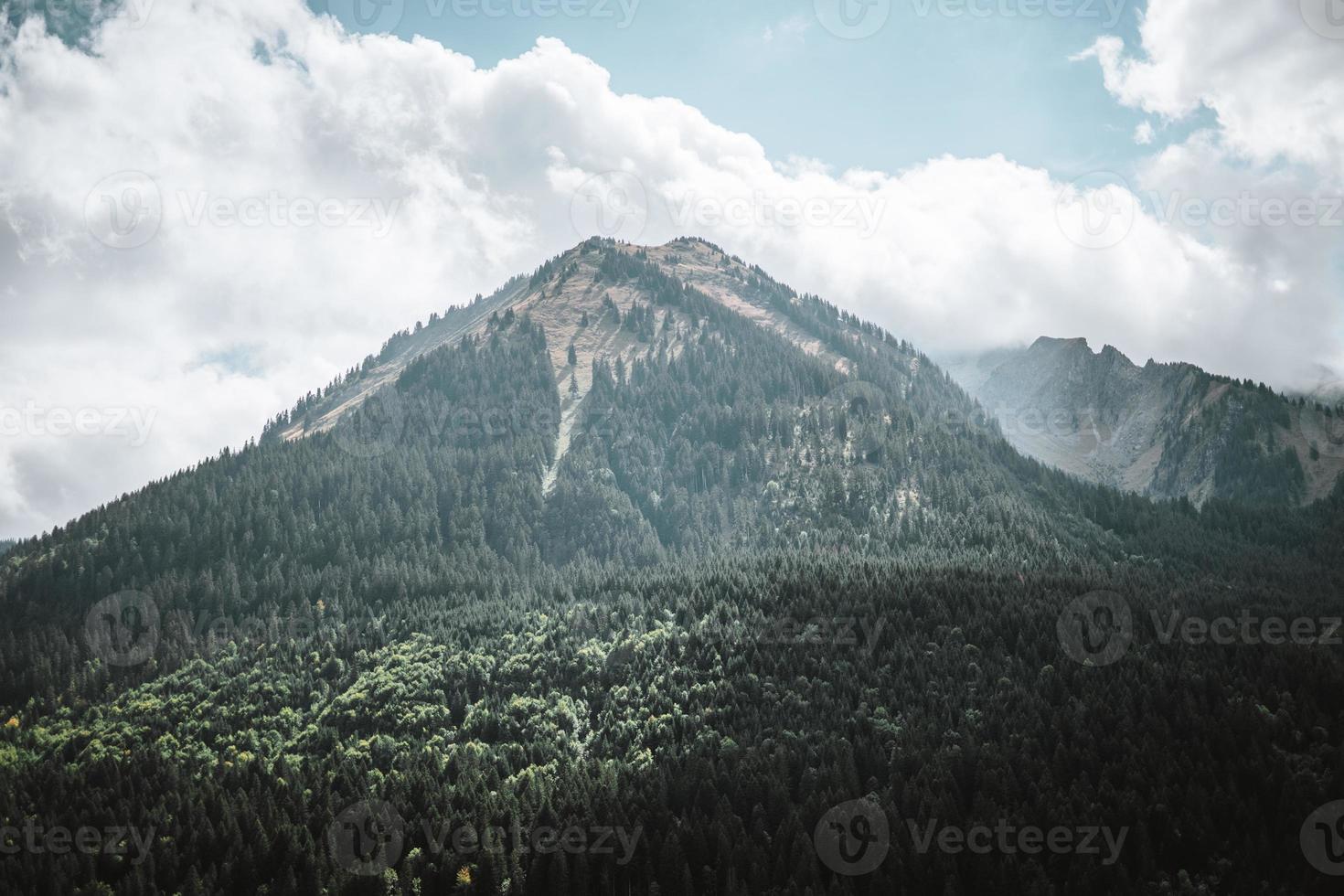 majestuoso montañas en el Alpes cubierto con arboles y nubes foto