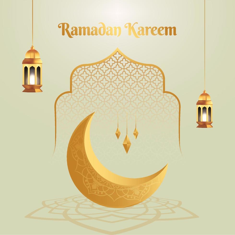 Elegant Ramadan kareem decorative festival greeting card with 3d moon and Islamic background vector design