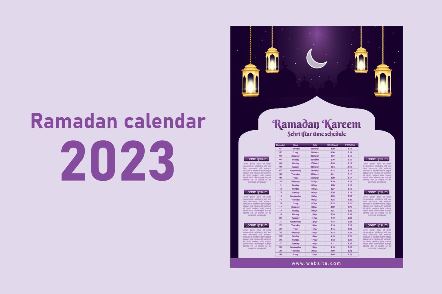 Ramadan kareem islamic calendar template and sehri ifter time schedule vector