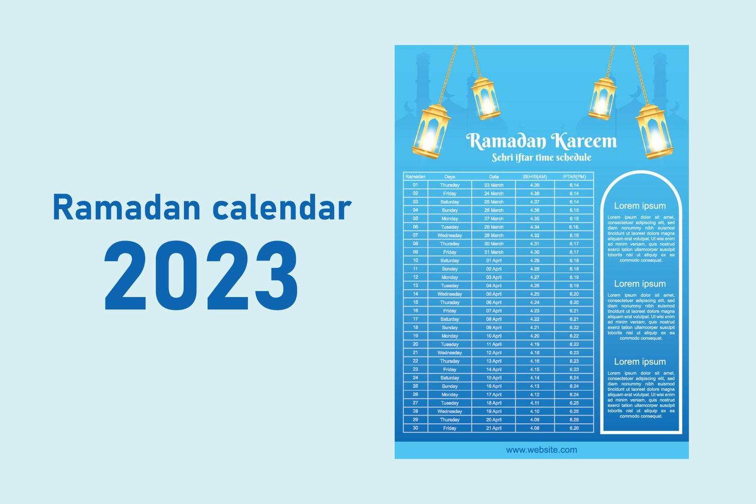 Ramadan kareem islamic calendar template and sehri ifter time schedule vector