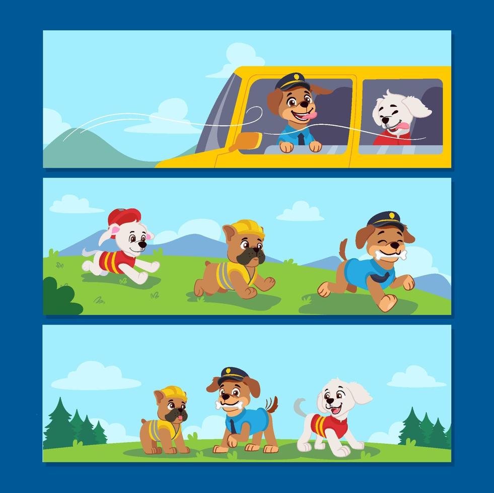 bandera conjunto de linda cachorros en disfraz jugando en el parque vector