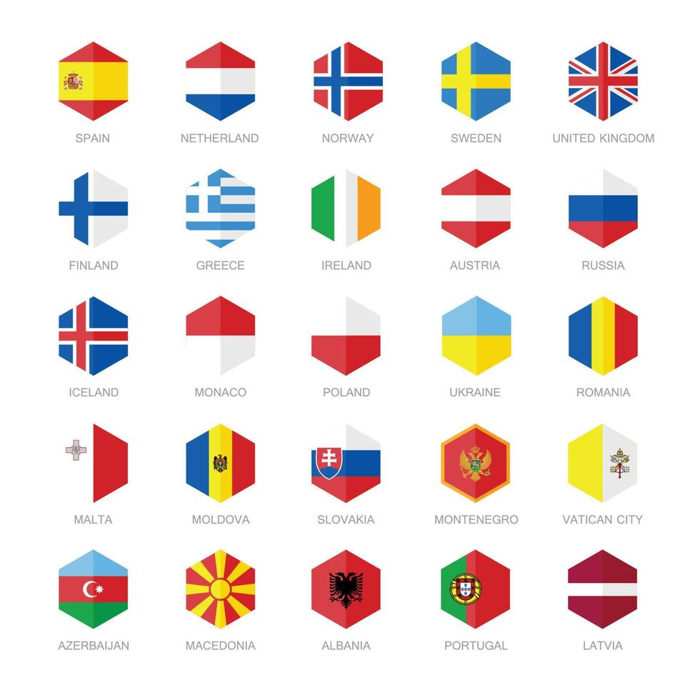 Europe Flag Icons. Hexagon Flat Design. vector