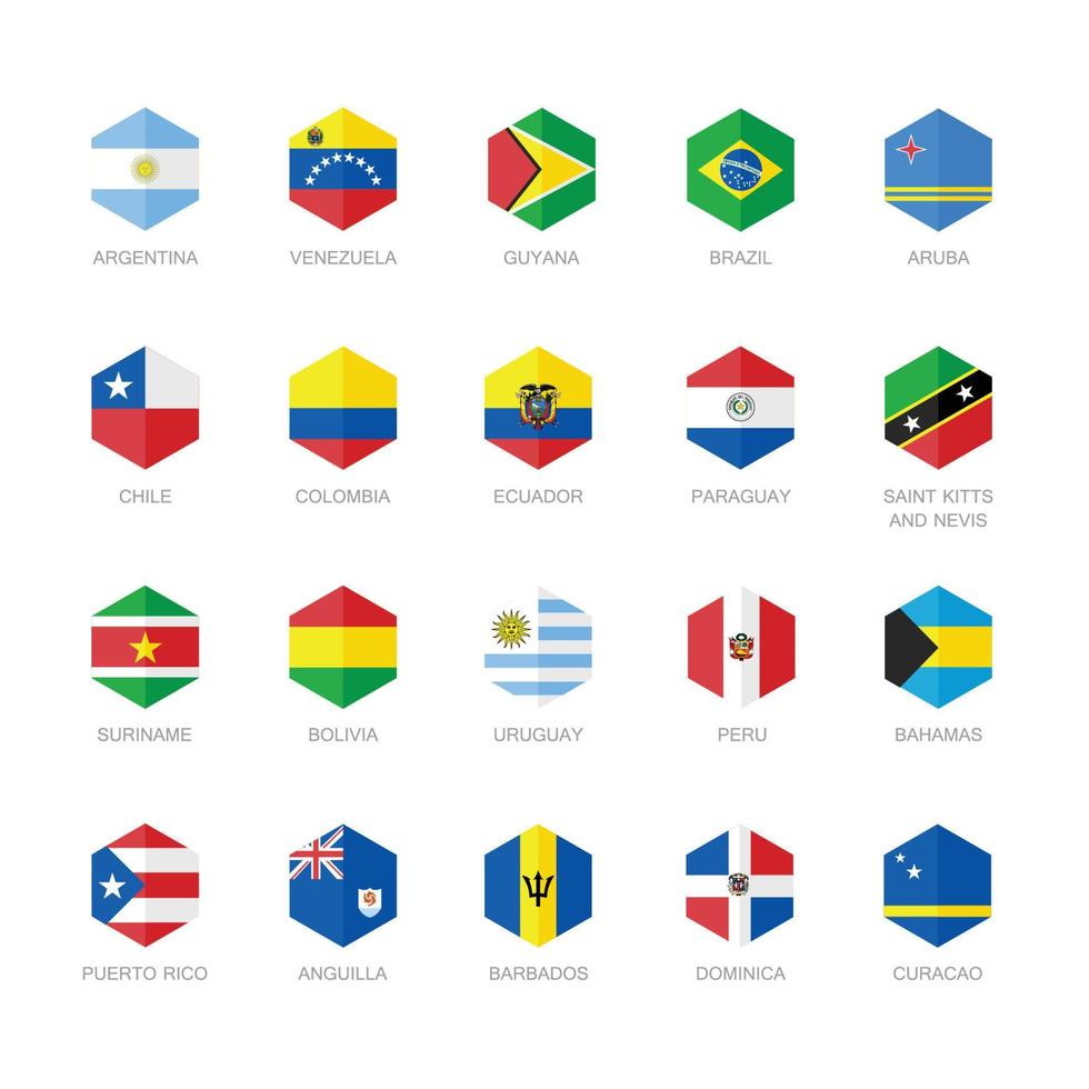 sur America y caribe bandera iconos hexágono plano diseño. vector