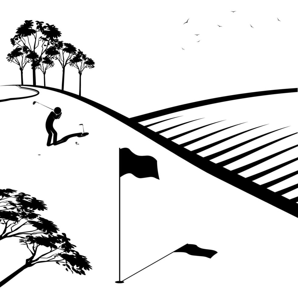 stick figere, player golfer swings his club to hit golf ball on tee. Active lifestyle outdoors. Vector